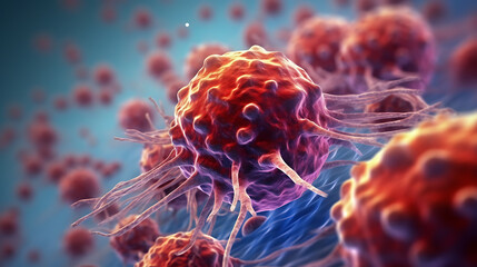 Microscopic view of organic substance, bacteria,virus or cancer cell, macro. Created with Generative AI technology.