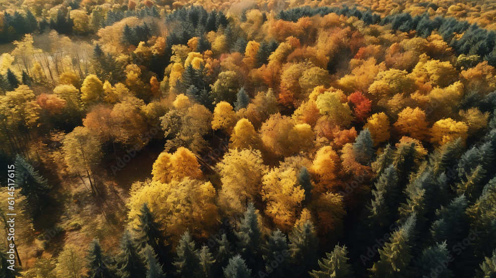 Poster aerial view of thick forest in autumn .created with generative ai technology.
