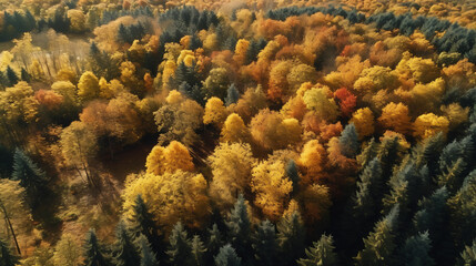 Naklejka na ściany i meble Aerial view of thick forest in autumn .Created with Generative AI technology.