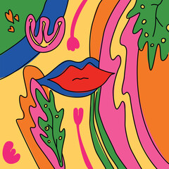 Bright colorful hand drawn abstraction with lines and lips doodle style, vector illustration. Decorative design, outline retro abstraction, leaves and shapes