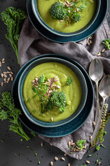 Green broccoli soup served in blue bowl.