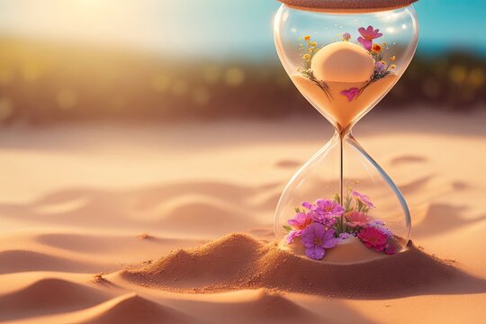 hourglass with flowers, time concept ai generative