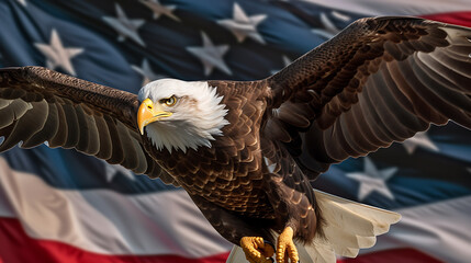 Naklejka premium Bald Eagle and American flag.Created with Generative AI technology.