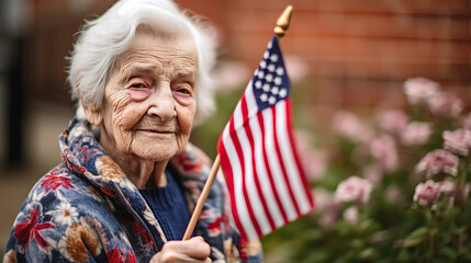 Elderly female veteran holds up an American flag for the memorial day.Created with Generative AI technology. - obrazy, fototapety, plakaty