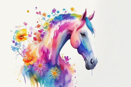 Nice Paint horse posing in blooming flowers ai generative