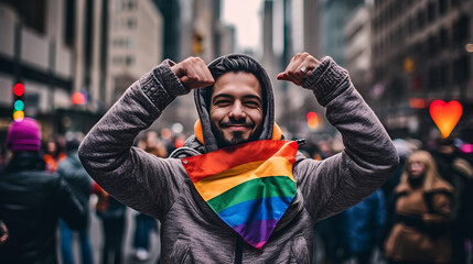 Obraz na płótnie Canvas Happy man on the LGBT parade.Created with Generative AI technology.
