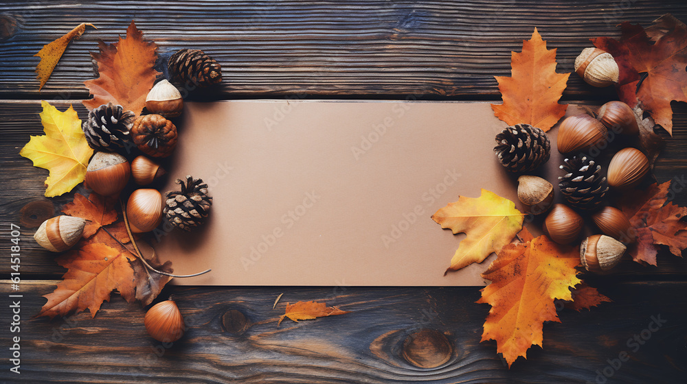 Poster autumn composition with natural pine cones and dried leaves.flat lay, top view.created with generati