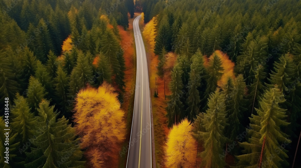 Poster aerial view of thick forest in autumn with road cutting through.created with generative ai technolog