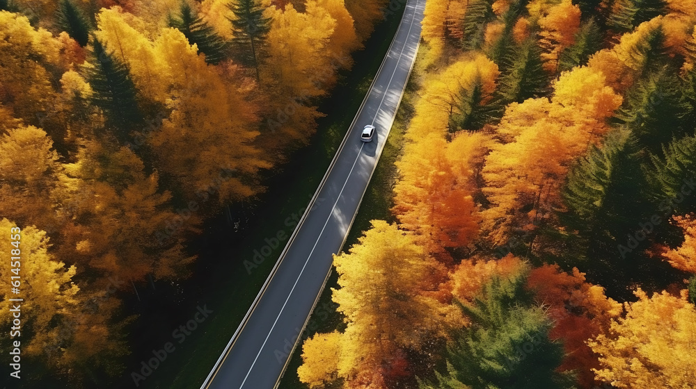 Aufkleber aerial view of thick forest in autumn with road cutting through.created with generative ai technolog