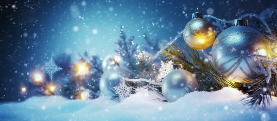 Obraz na płótnie Canvas Art Merry Christmas and Happy Holidays greeting card, frame, banner. New Year. Noel. Christmas light ornaments on blue snowy background. Winter xmas holiday theme