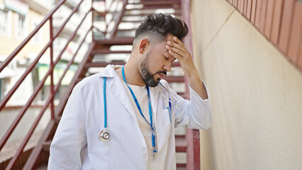 Young latin man doctor stressed at hospital