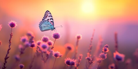 Obraz na płótnie Canvas Beautiful natural pastel background. Butterfly and flower against on a background of sunrise