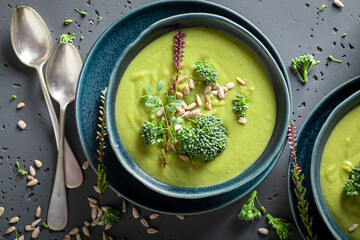 Creamy broccoli soup as fresh and healthy starter.