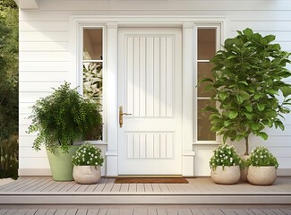 Porch, entrance door with decorative flower pots created with Generative AI technology.
