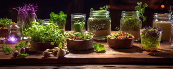 Obraz na płótnie Canvas Raw vegetable with microgreens on the table. generative ai