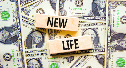 New life symbol. Concept words New life on wooden blocks on a beautiful background from dollar bills. Dollar bills. Business, support, motivation, psychological and new life concept. Copy space.