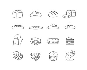 Bakery Bread and Sandwiches Icon collection containing 16 editable stroke icons. Perfect for logos, stats and infographics. Edit the thickness of the line in any vector capable app.