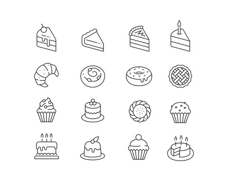 Bakery Sweet Treats Icon collection containing 16 editable stroke icons. Perfect for logos, stats and infographics. Edit the thickness of the line in Adobe Illustrator (or any vector capable app).