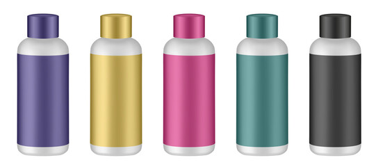 Obraz premium Set of cosmetic bottles with label and cap. Yellow, green, black, purple and pink bottles. Hair dye, oxydant cream, shampoo, shower gel or body lotion