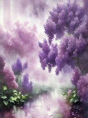 Fototapeta premium Lilac garden after rain watercolor. AI generated illustration