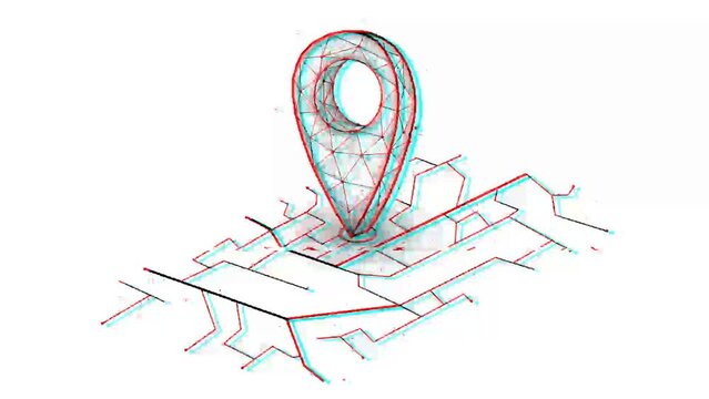 Location pin and map with glitch effect on white background. GPS navigation system motion graphics.
