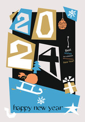 Retro trending background Happy New Year 2024 with luxury classic shades of pastel colors. Premium vector illustration design for 2024 New Year banner, poster. Christmas element hand drawn numbers.