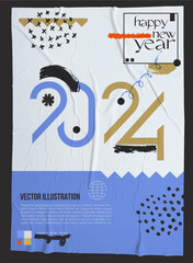Abstract contemporary poster with 2024 and Happy new year. Bold brush drawn circles and small dots, waves and curls. Charcoal or pencil sketch on soft and wet paper trend style. Trend logo 2024.