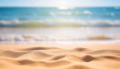 Fototapeta na wymiar Seascape abstract beach background. blur bokeh light of calm sea and sky. Focus on sand foreground