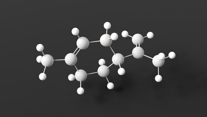 limonene molecule, molecular structure, aliphatic hydrocarbon, ball and stick 3d model, structural chemical formula with colored atoms