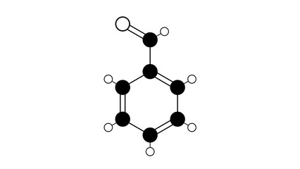 benzaldehyde molecule, structural chemical formula, ball-and-stick model, isolated image aromatic aldehyde