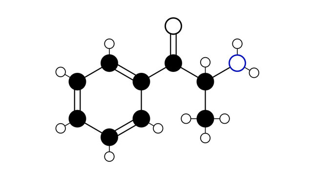 cathinone molecule, structural chemical formula, ball-and-stick model, isolated image benzoylethanamine
