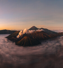 Panorama of Sunrise at volcano Bromo, Java island, Indonesia. Panoramic aerial view