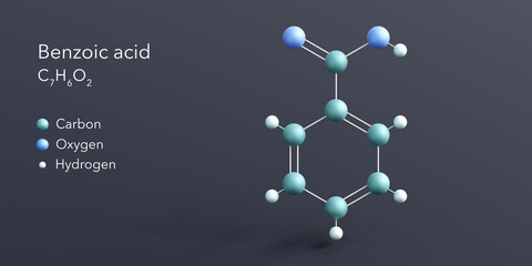 benzoic acid molecule 3d rendering, flat molecular structure with chemical formula and atoms color coding