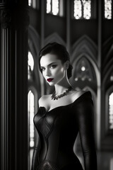 Beautiful bride in the Gothic style in the church, in black and white only the red mouth. Generative AI_5.
