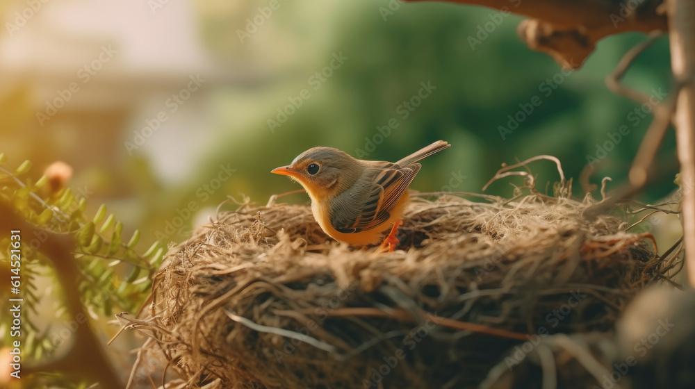 Wall mural a little cute bird on a bird nest