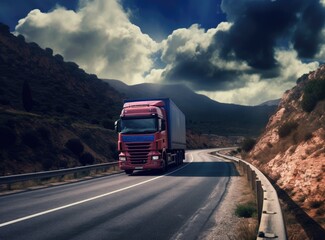 Cargo truck on the mountain highway created with Generative AI technology.