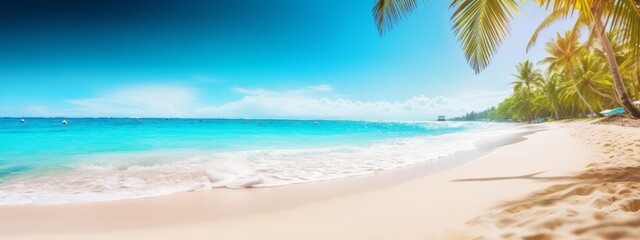 Naklejka na ściany i meble Sunny tropical beach with turquoise water, summer holidays vacation background, seashells in sand
