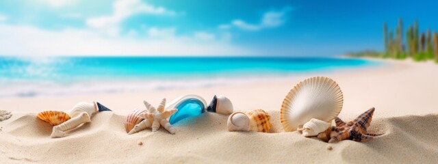 Fototapeta na wymiar Sunny tropical beach with turquoise water, summer holidays vacation background, seashells in sand