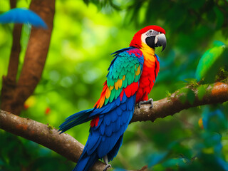 Fototapeta na wymiar a closeup of an eye-catching parrot perched on a tree in a forest
