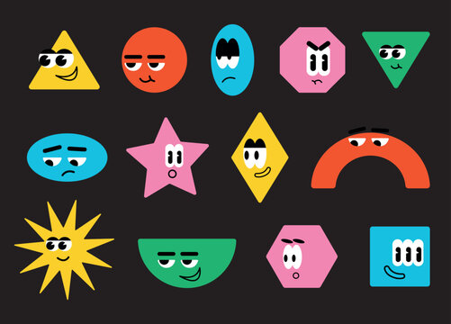 Set of Various bright basic Geometric Figures with face emotions. Different shapes. Vector illustration for kids isolated on background. Cute funny modern minimalist characters.