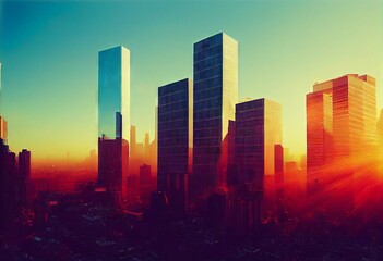 Stunning Reflection of Modern Urban Skyscrapers in Bright Midday Sun: DSLR Photo Realism. Generative AI.