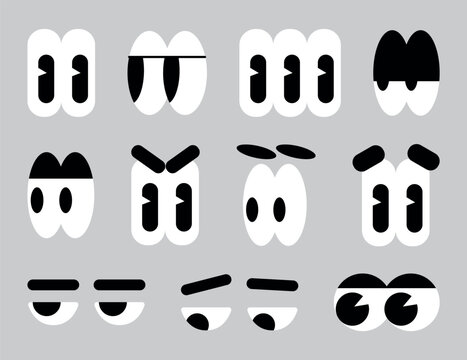 Large set of people character cartoon eyes depicting a variety of expressions with anger, sadness, surprise and happiness. Vector flat illustration isolated on white background