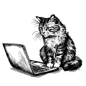 cat with a laptop sketch