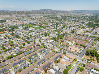 Yorba Linda, California - June 17, 2023: aerial drone photo view toward Yorba Linda houses, homes,...
