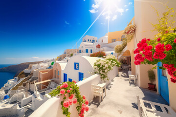 Fototapeta na wymiar White architecture on Santorini island, Greece. Beautiful summer landscape. Generative AI