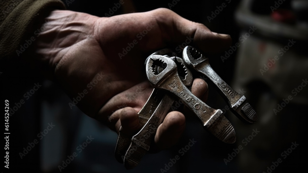 Poster close up of a craftsman holding different open-end wrenches in his hands. generative ai