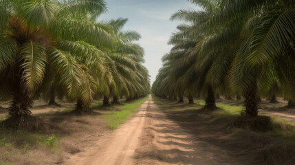 Fototapeta na wymiar a path through a palm plantation. Generative AI