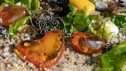 Old Baltic amber necklace among seaweed and seashells. Natural orange fossil. Handmade amber...