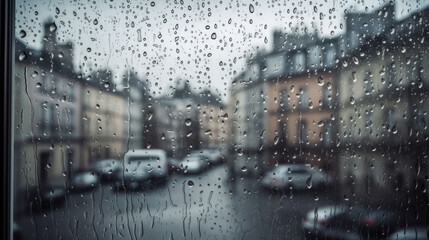 a rainy window pane. focus is on the drops. Generative AI