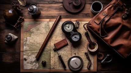 topshot of an old map with different travel items, background wallpaper. Generative AI